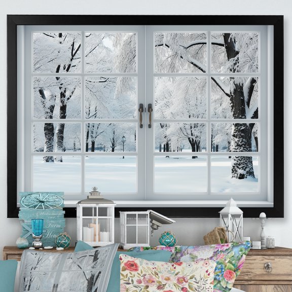 Designart "Winter Forest View from Window I" Landscapes Framed Wall Art Decor - Traditional White Winter Landscape Hallway Framed Wall Art Decor