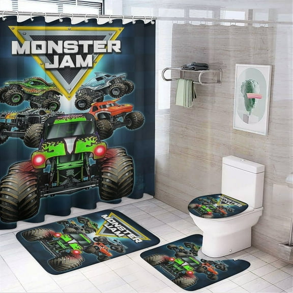 Monster Trucks Jam 4 Pcs Shower Curtain Sets Non-Slip Rugs Bath Mat Toilet Cover U Shaped Mat for Bathroom Decor Mats