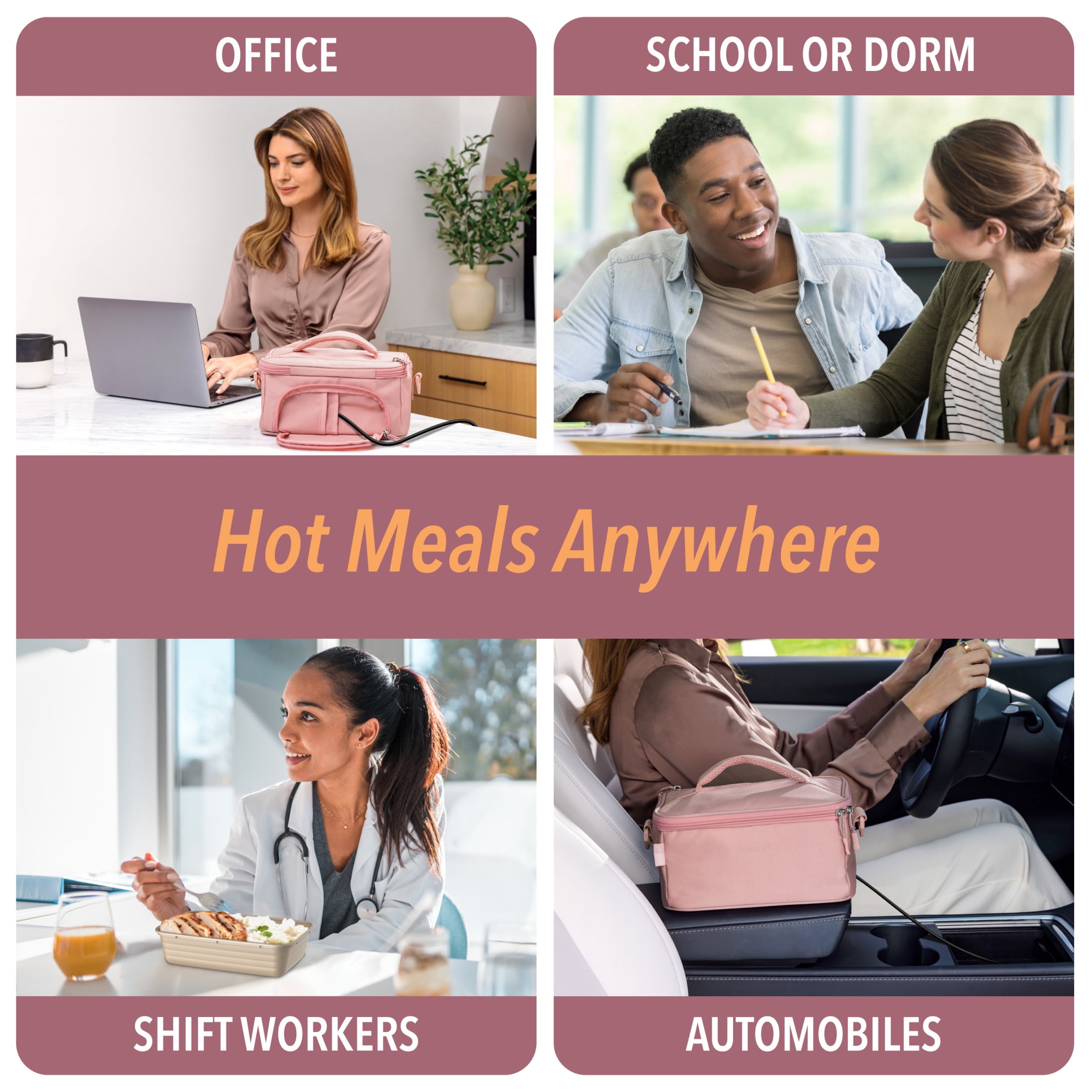Bentgo Heat - Electric Lunch Bag & Food Warmer for Reheating Meals in Car, at Work & More - Heated Lunch Box Warmer for Adults, Students & Shift Workers, 12V/24V Auto & 120V Wall Cords (Blush)