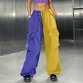 thumbnail image 4 of Wide Leg Cargo Pants Women's Dressy Casual Color Block Elastic High Waist Joggers Trousers Lightweight Stretch Trendy Relaxed Fit Slacks, 4 of 6