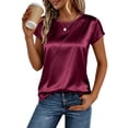 thumbnail image 3 of VBVC Women's Satin Crewneck Short Sleeve Top , Ladies' Silky Rolled Cuff Blouse , Elegant Work Office Tops For Women,Wine,S-2XL, 3 of 8