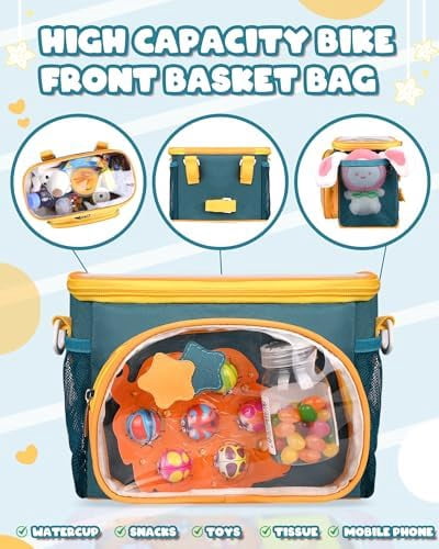 Kids Bike Basket, Front Handlebar Bag for Kids Girls Bikes, Waterproof Small Bike Basket with Zipper for Toddler Scooter Tricycle Bicycle