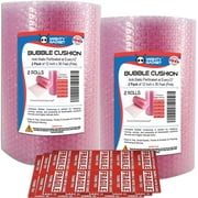 2 Pack of Mighty Gadget Bubble Cushioning Wrap Rolls, 12" x 72 ft Total, Perforated Every 12" for Packaging, Shipping, Mailing Free Bonus Fragile Stickers Included (Pink Antistatic)