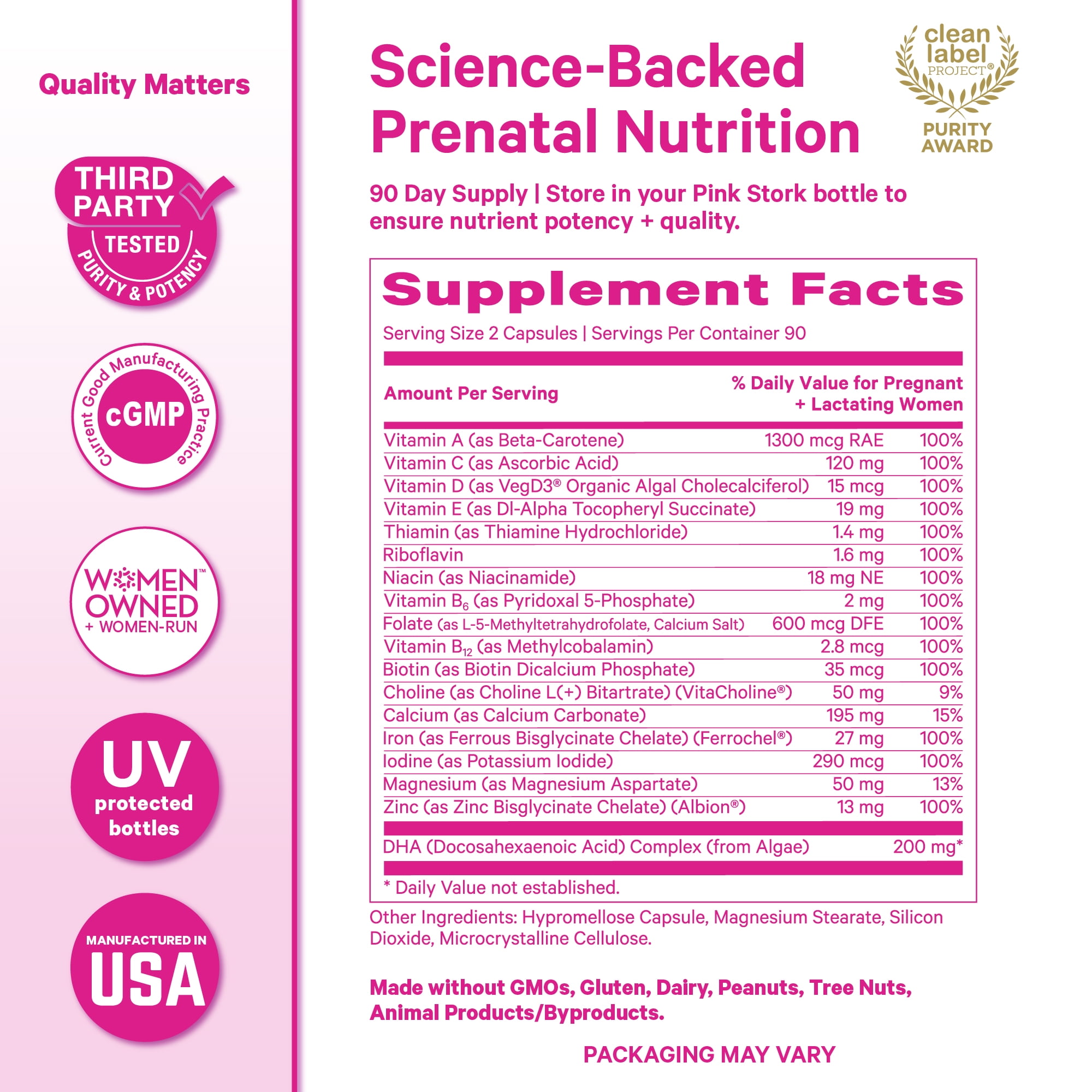 Pink Stork Essential Prenatal Vitamins, B12 with Folate, Soy Free, Methylated Nutrients, 180 Capsules