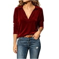 thumbnail image 2 of thefmos Women's V Neck Collared Long Sleeve Velvet Blouse Loose Fit Solid Color Casual Top Fashion Fall Winter Outfit, Wine L, 2 of 7