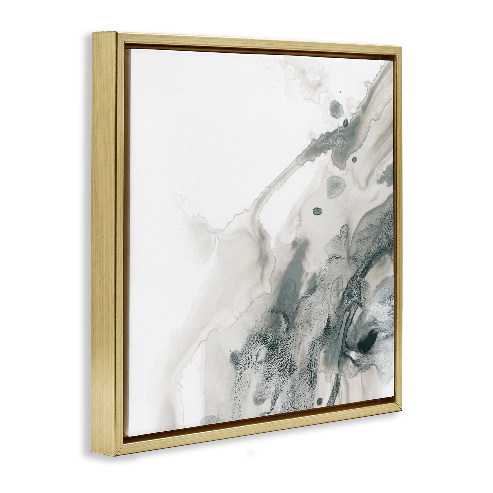 Stupell Industries Grey Splash on White Abstract Painting Gold Floater Framed Canvas Art Print Wall Art, 25 x 25