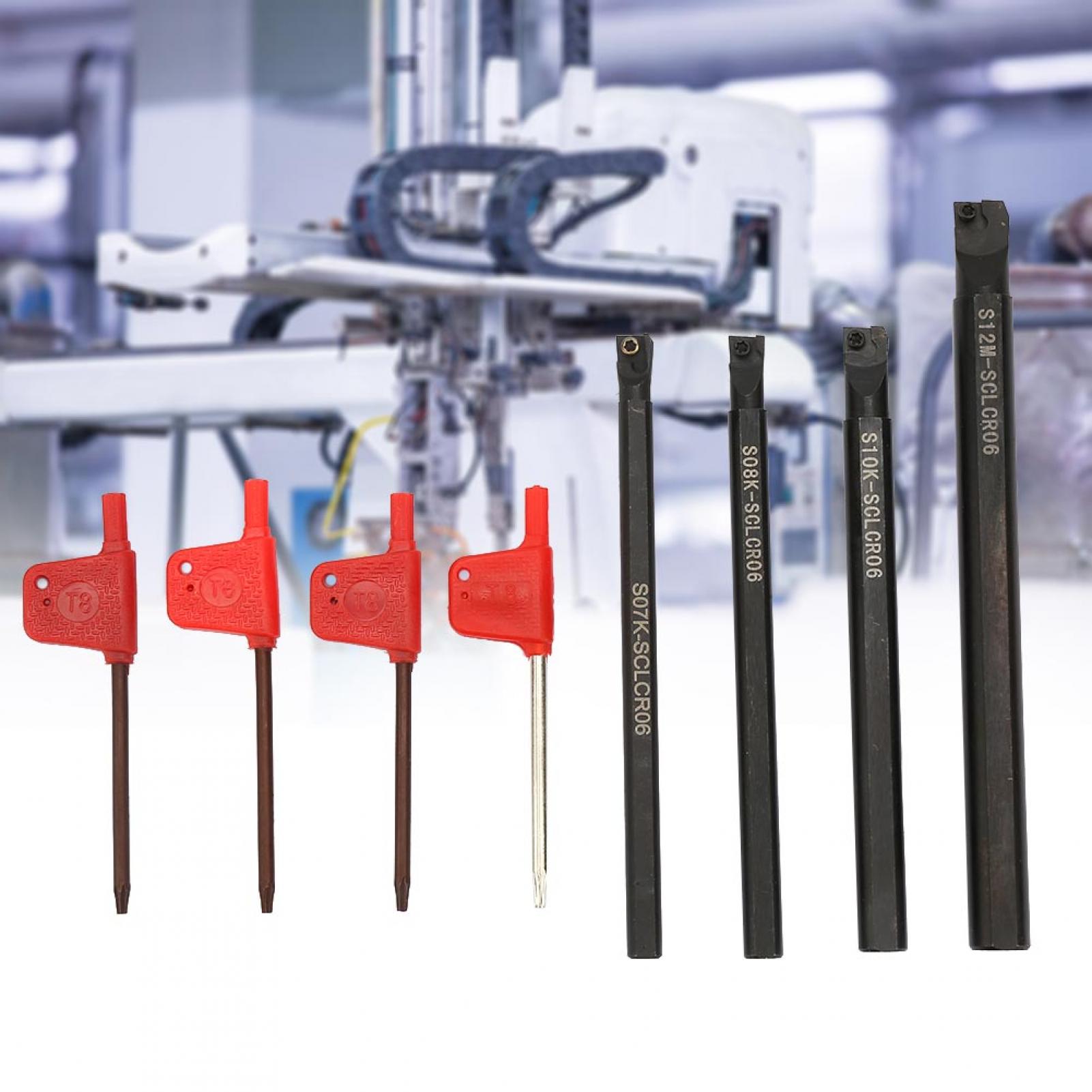Set 4 Barre Di Alesatura Per Tornio SCLCR06 – S07K A S12M Con 10 Inserti In Carburo CCMT060204 E 4 Chiavi T8