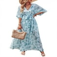 thumbnail image 2 of Robe Maxi Ample à Imprimé Floral pour Femmes, Manches 4/3, Col en V, Robe d'Été Fluide, Esthétique, Décontractée, Bohème, Tenue de Plage, 2 of 6