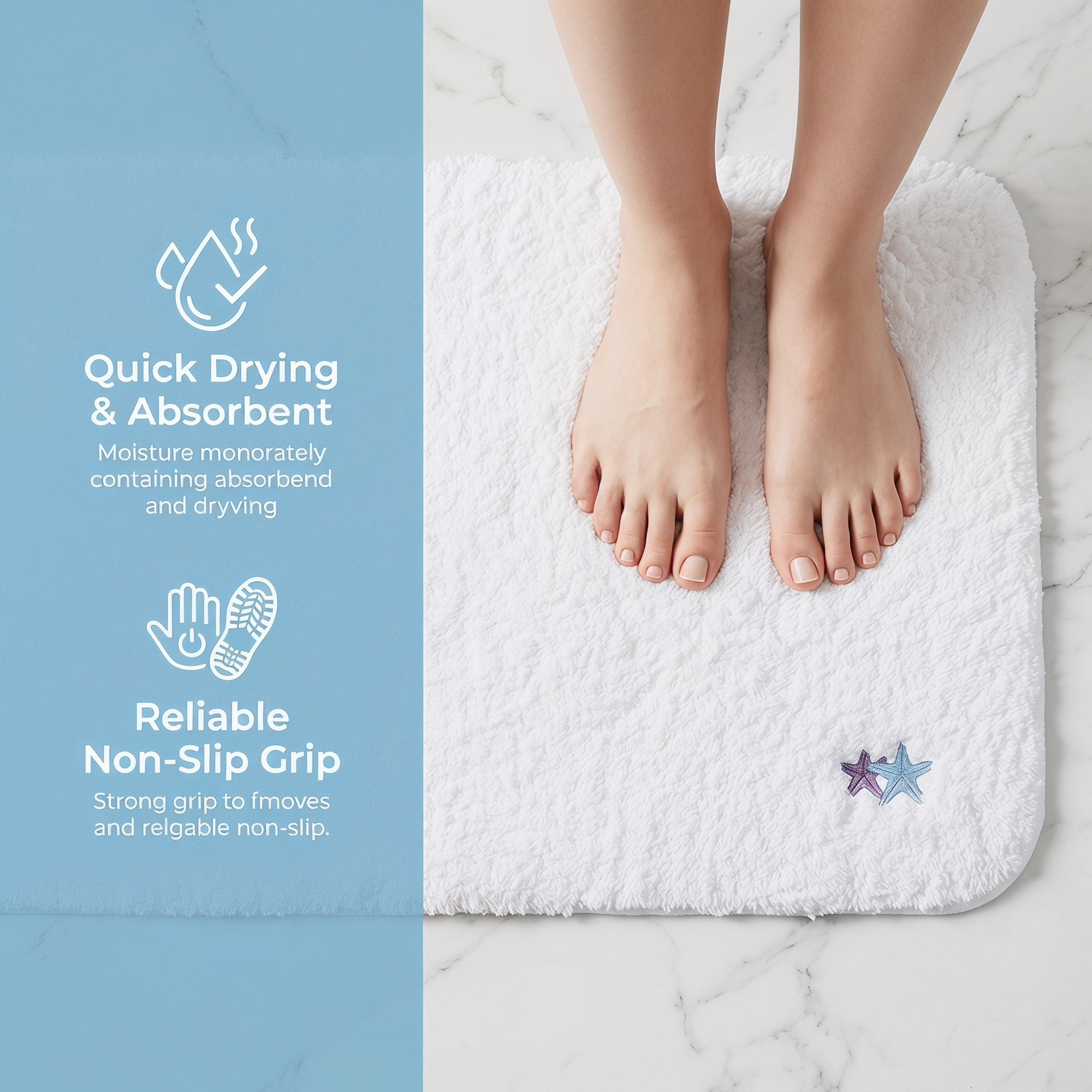 Unique Bargains High-End Plush Absorbent Microfiber Bath Mat White Starfish 32" x 20"