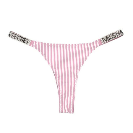 Mairbeon Women Panties Rhinestone Letter Decor Briefs Low Waist Striped Print Plus Size Butt-lifted Thong Lady G-string Daily Underpants