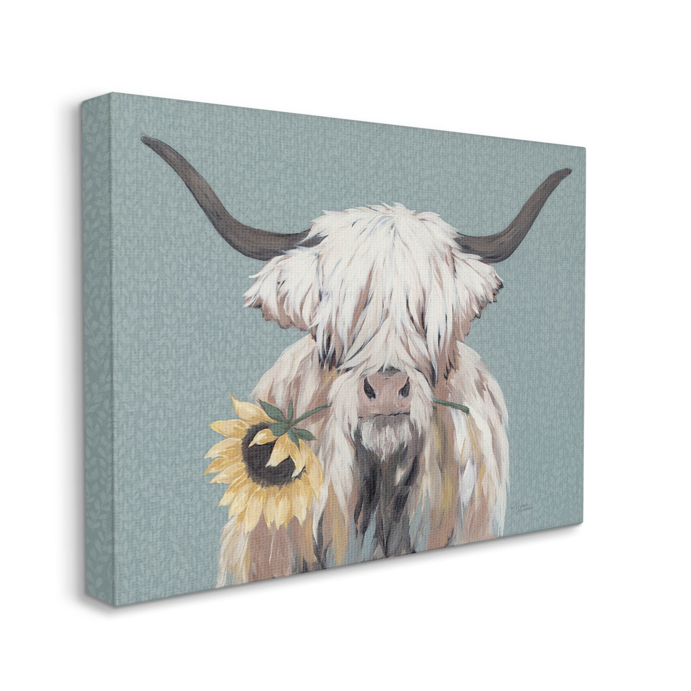 Stupell Industries Highland Cattle Biting Sunflower Bloom Painting Gallery Wrapped Canvas Print Wall Art, Design by Michele Norman
