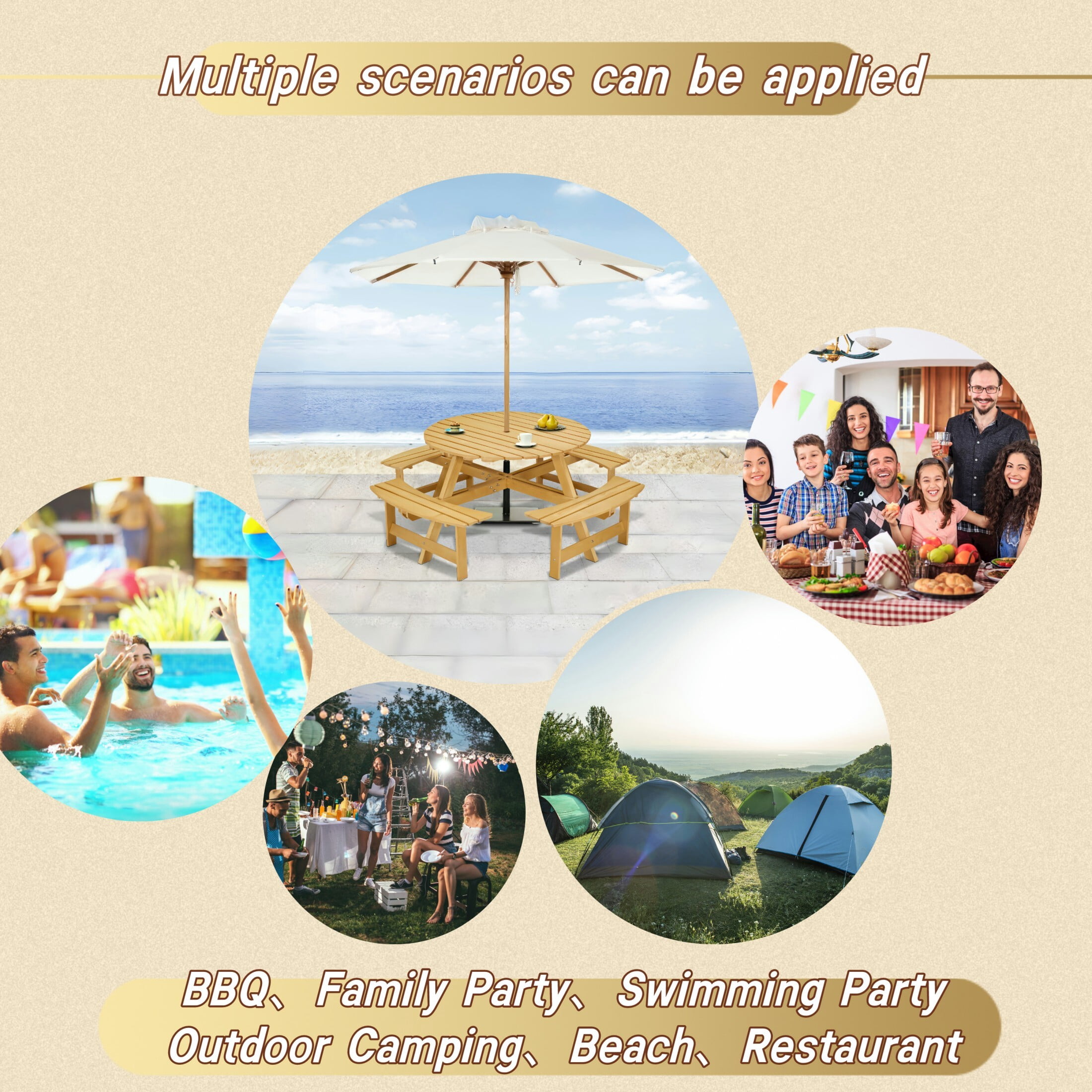 DEALTOPS 8 Person Wood Picnic Table with 4 Built-in Benches, Outdoor Round Table and Bench Set with Umbrella Hole for Park, Natural Wood