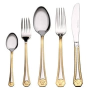 Euro Porcelain 97-piece Dish and Flatware Dinner Set - Greek Key Medusa Pattern 24 kt Gold Ornament, HQ Dining Service for 8