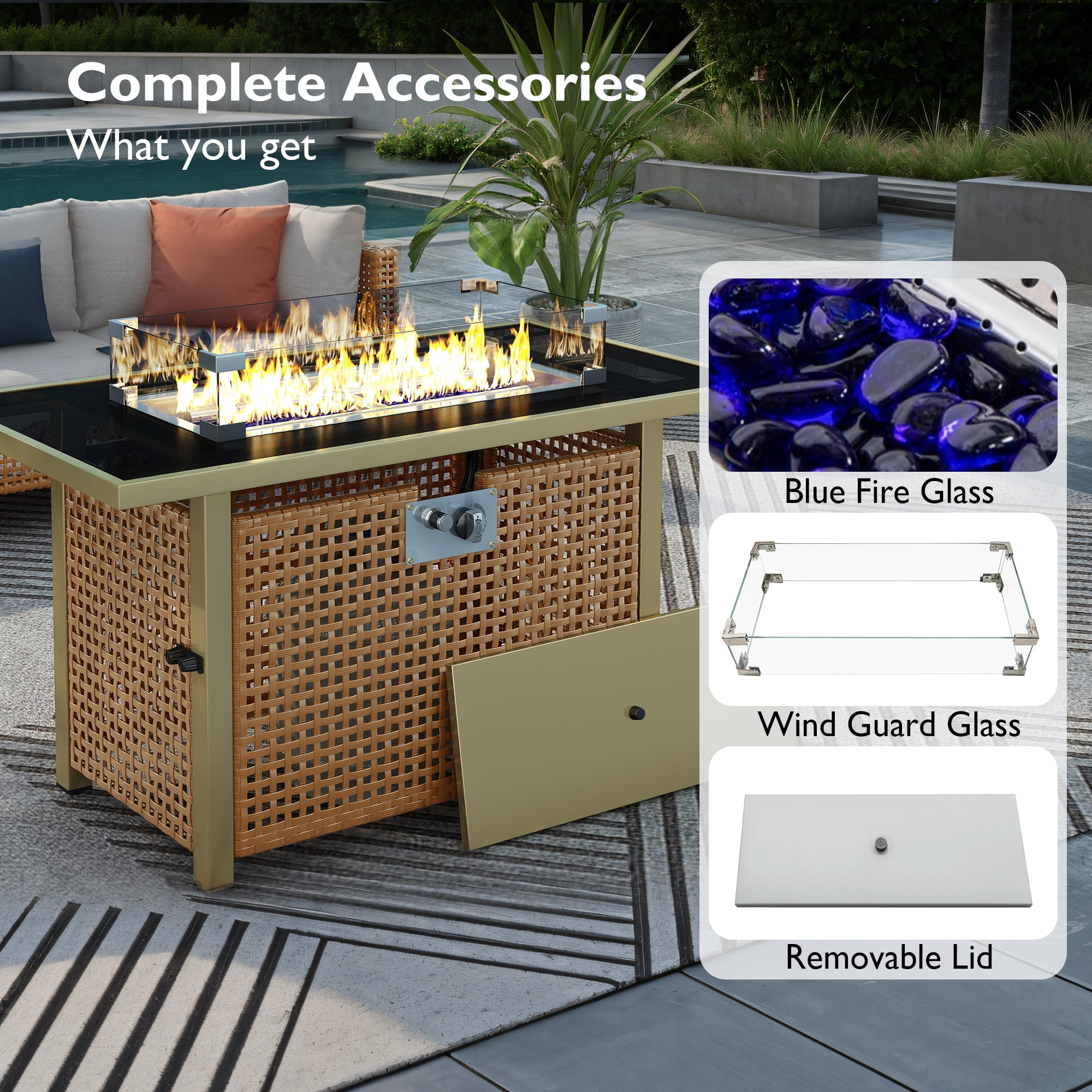 CoSoTower 43" Propane Gas Fire Pit Table, 60000 BTU Rectangular Open Weave Wicker Fire Pit with Glass Wind Guard for Outside Patio Deck Garden Backyard - Orange & Mustard Yellow