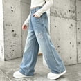 thumbnail image 4 of Twczz Girls Wide Leg Jeans Elastic Waist Butterfly Embroidered Loose Cute Denim Pants with Pockets Blue 12, 4 of 7