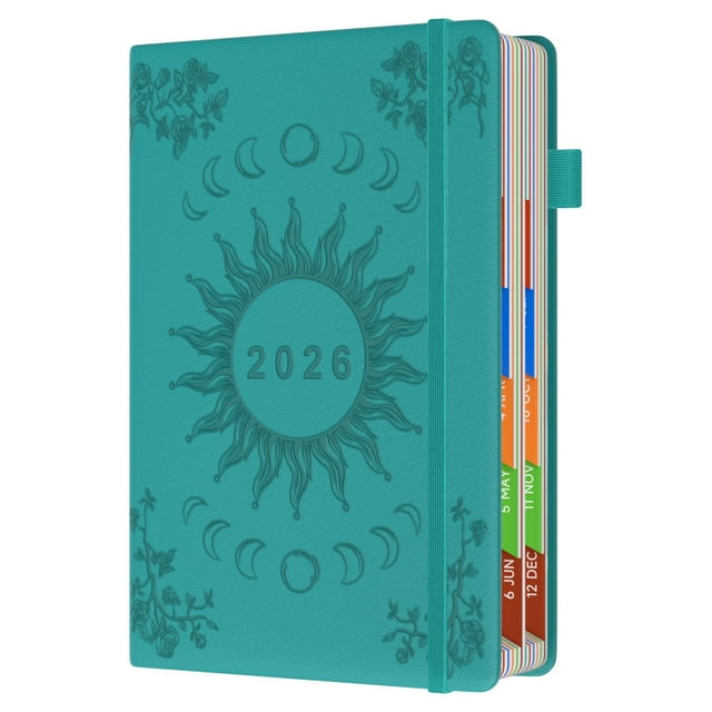 Planner 2026 Page a Day A5, 2026 Daily Planner Hourly Increments January to December Full Year Planner with Monthly Overview, Colorful Tabs, Banded Leather Hardcover, Inner Large Pocket