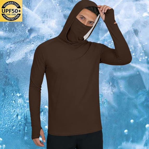 BiZtdJrK Mens Sun Protection Hoodie with Face Cover Summer UPF 50+ Long Sleeve Fishing Hiking Shirts Outdoor Thumb Holes Rash Guards Brown XXXL