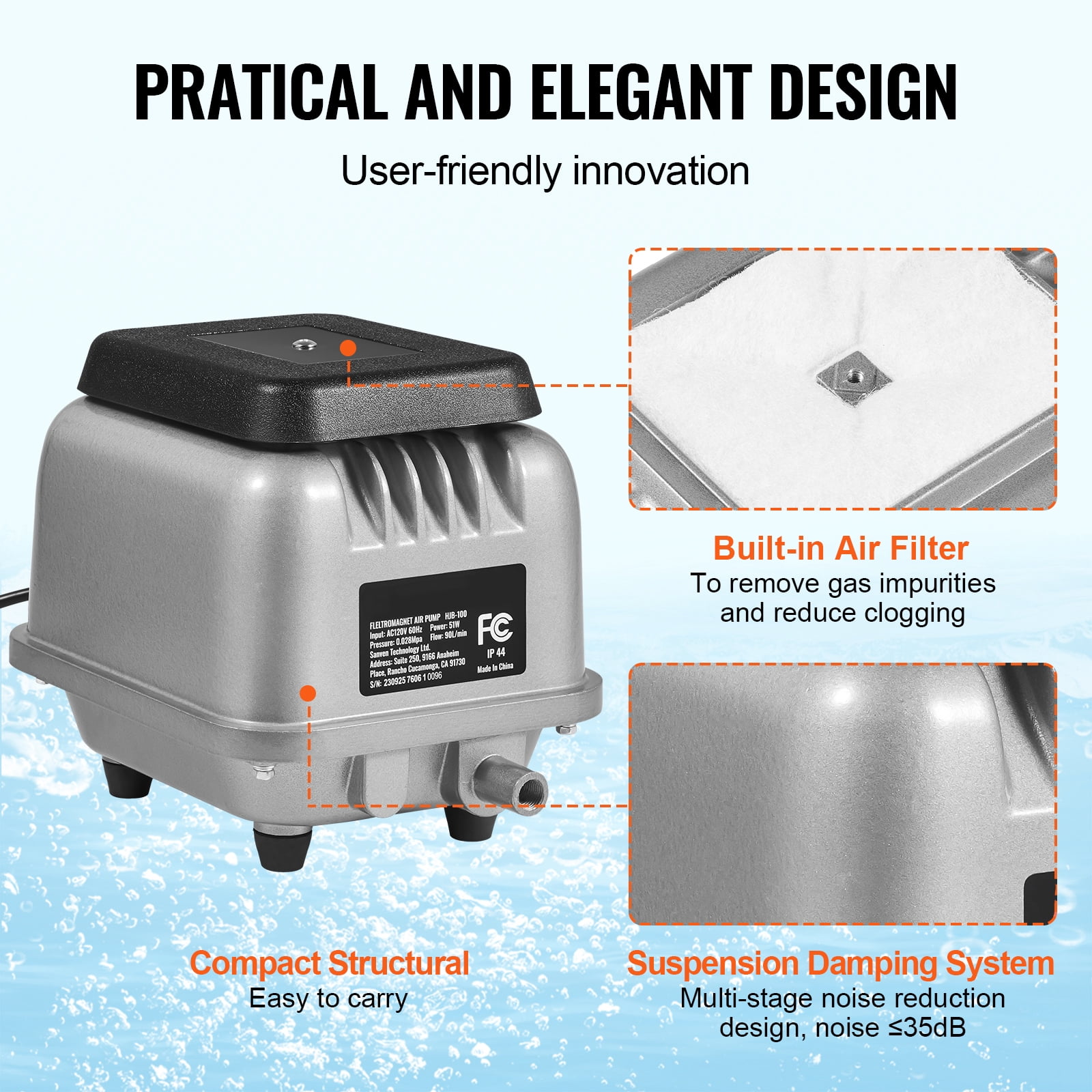 SKYSHALO Linear Air Pump, 90L/Min for Efficient Aeration, Ideal for Small Ponds, Water Features, Waste Processing, Septic Systems, Aquariums, and Aquaculture