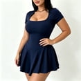 thumbnail image 5 of Fwqbns Women's A-Line Mini Dress Casual Sexy Square Neck Short Sleeve Ruched Tiered Ruffle Hem Flowy Club Party Dress Navy, 5 of 7