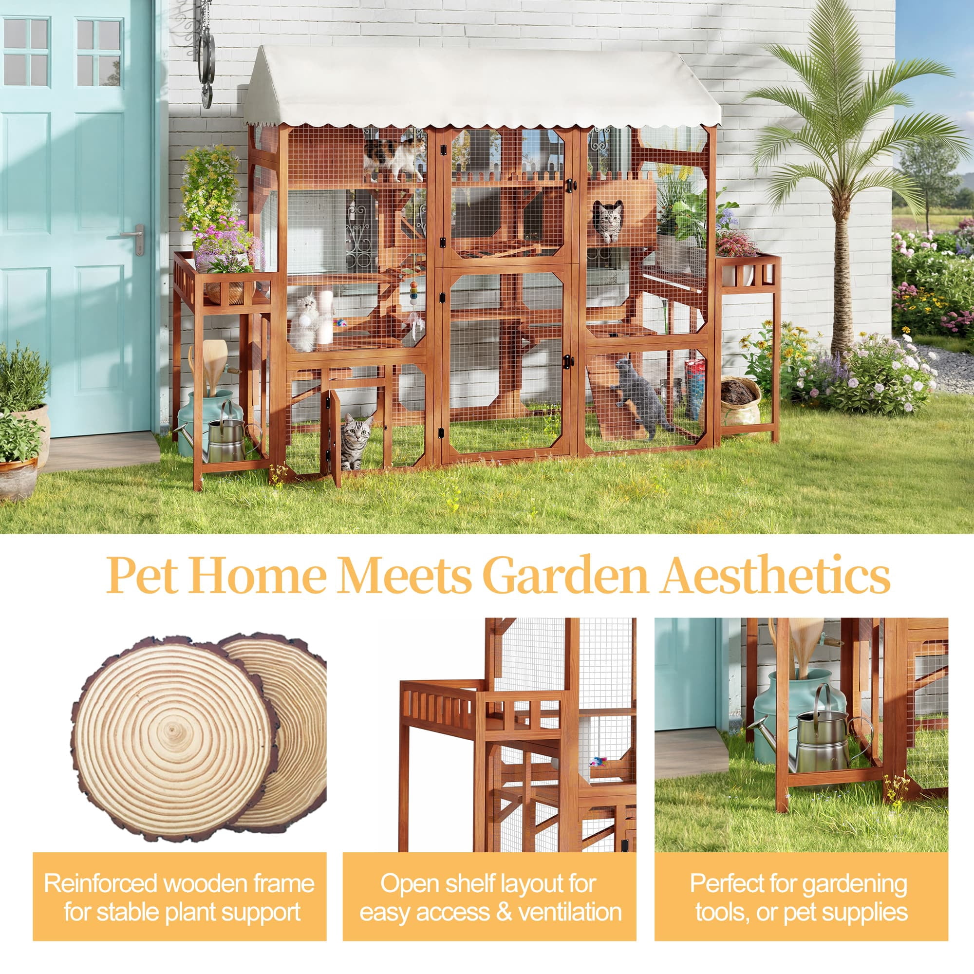Large Outdoor Cat Enclosure, Wooden Catio with 2 Plant Stands, Multi-Level Cat Playpen with Weather-Resistant Roof & Wire Mesh for Backyard Patio, Brown