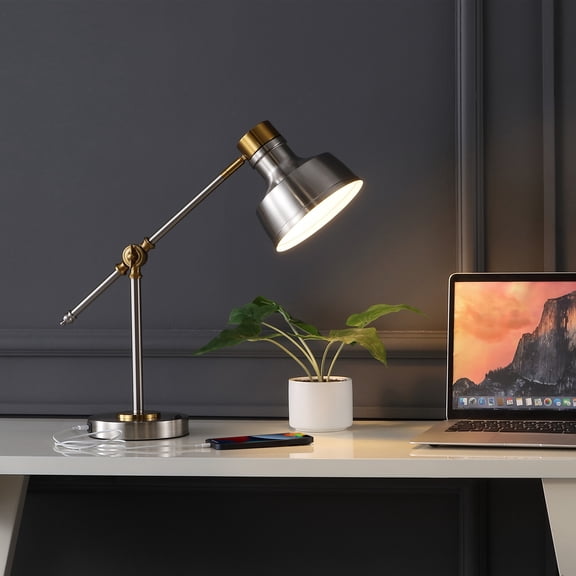 JONATHAN Y Allegra 18.5" Classic Farmhouse Adjustable Cantilever LED Task Lamp with USB Charging Port, Nickel/Brass Gold, JYL7124B