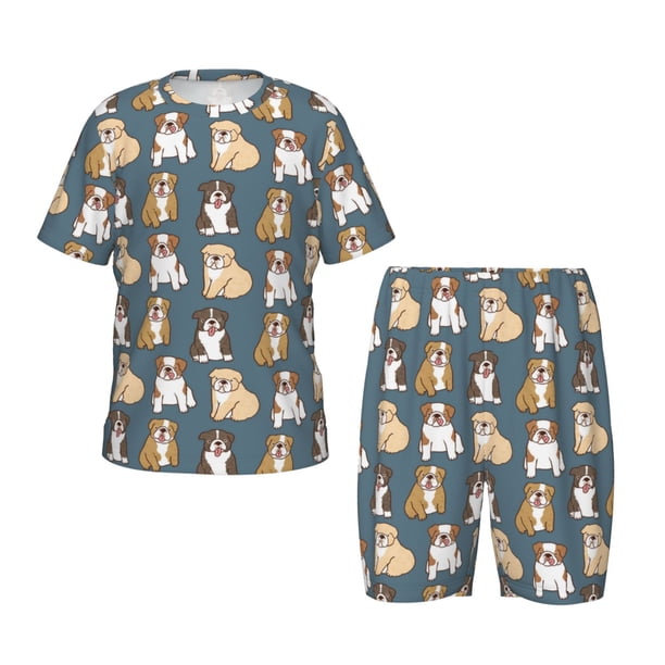 Fotbe Cartoon Bulldog 1 Pijama Estampada de 2 Piezas para Niños – Ropa de Dormir de Manga Corta Cómoda para Niños y Niñas, Camiseta y Shorts de Algodón-XX-Large