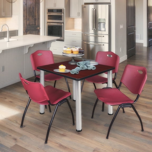 Homestock Suburban Sophistication 36" Square Lounge Table Mahogany/ Chrome With 4 'M' Nesting Chairs, Burgundy - Ergonomic Breakroom Furniture Set For Staff Break Room, Tables & Chair, Breakroom Set