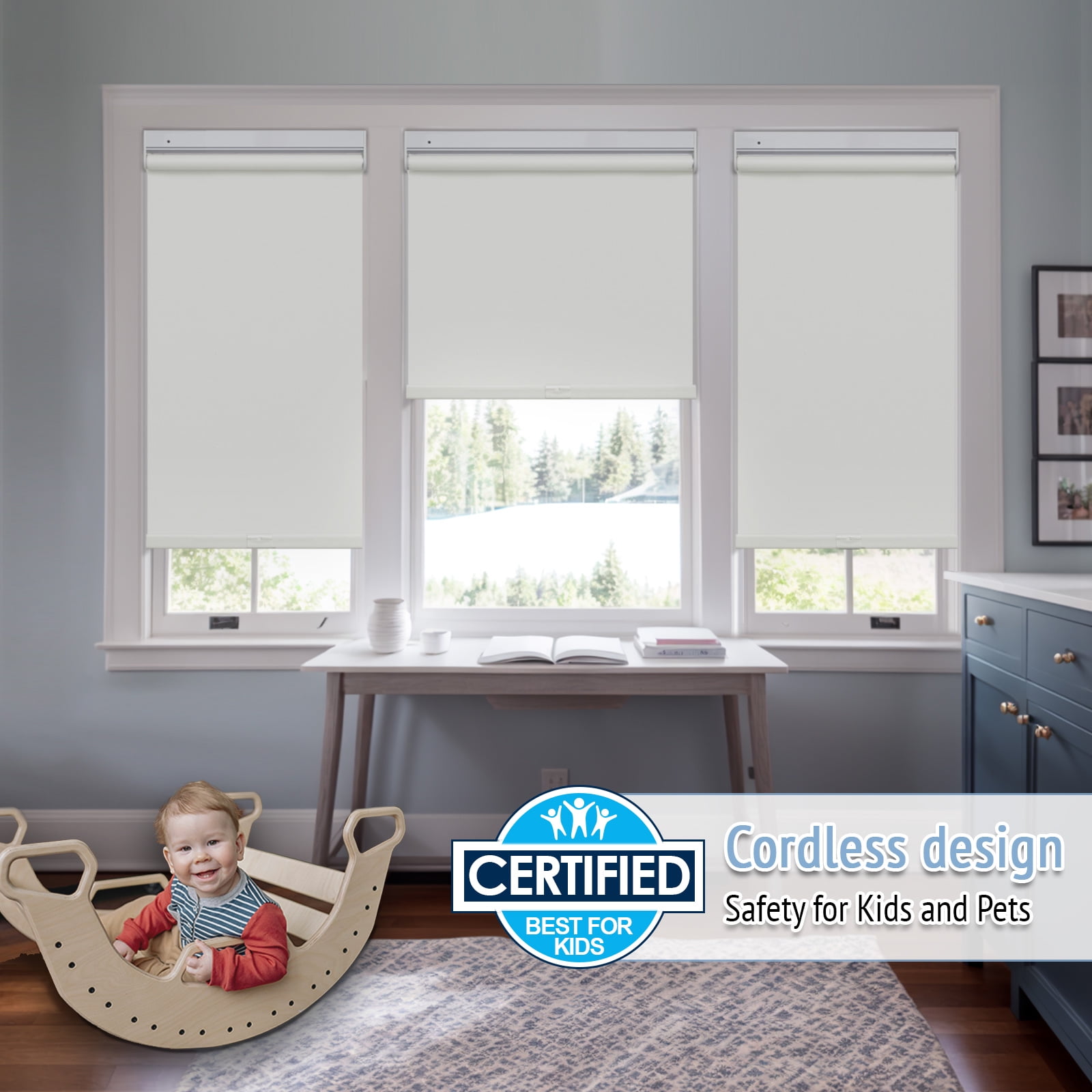 Keego No Tools No Drill Cordless Roller Blinds 100% Blackout Thermal Insulated Reduce Noise Privacy Shades Roller Shades Blinds for Windows (Beige, 29"W x 64"H)