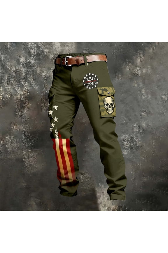 USA 250th Anniversary Cargo Pants for Men Independence Days Belt Work Pants Outdoor Trousers Army Green L
