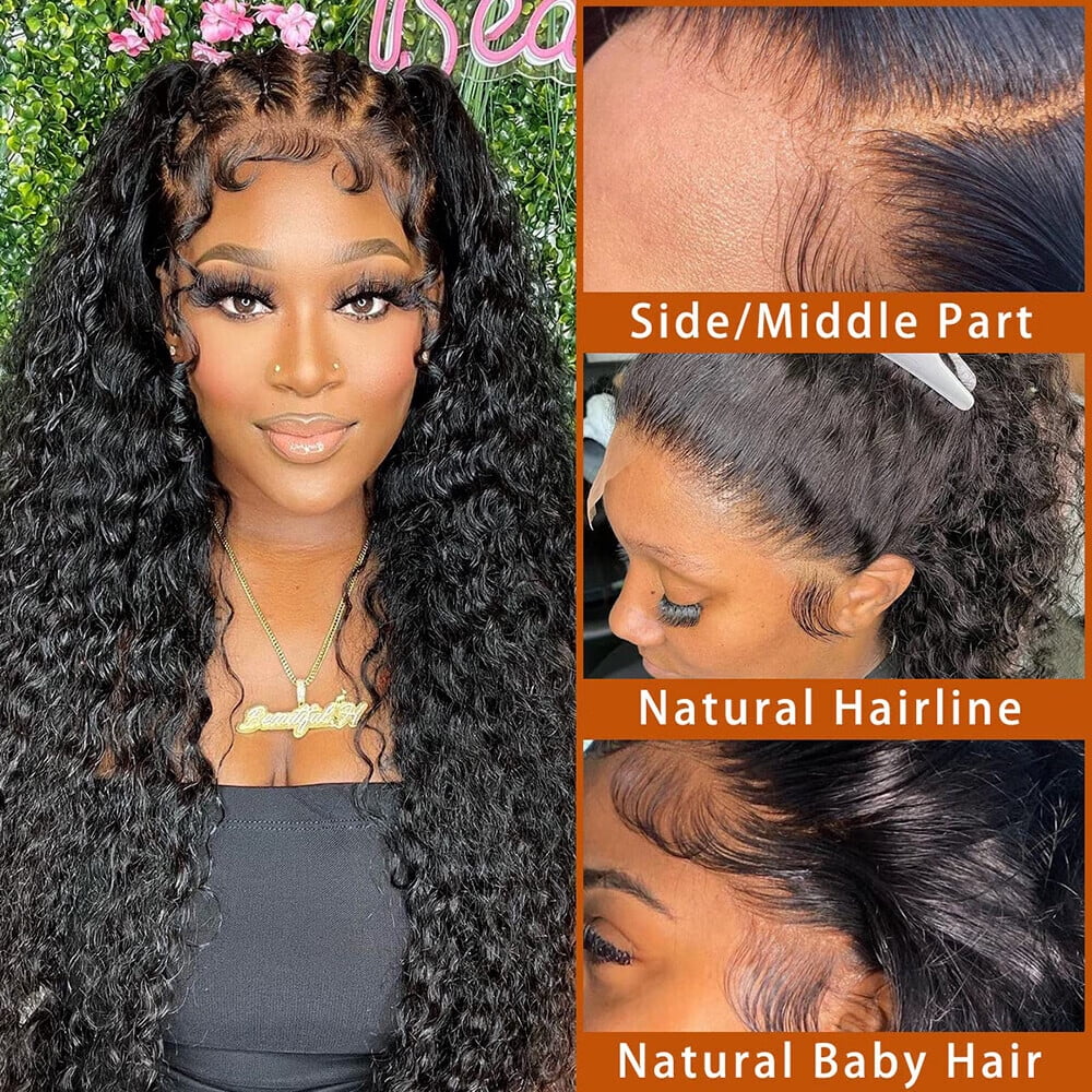 SUCS Deep Wave Lace Front Wigs Human Hair 13x4 HD Lace Frontal Wigs 180% Density Glueless Pre Plucked with Baby Hair Deep Wave Wig for Women Brazilian Human Hair Natural Color 18 inch