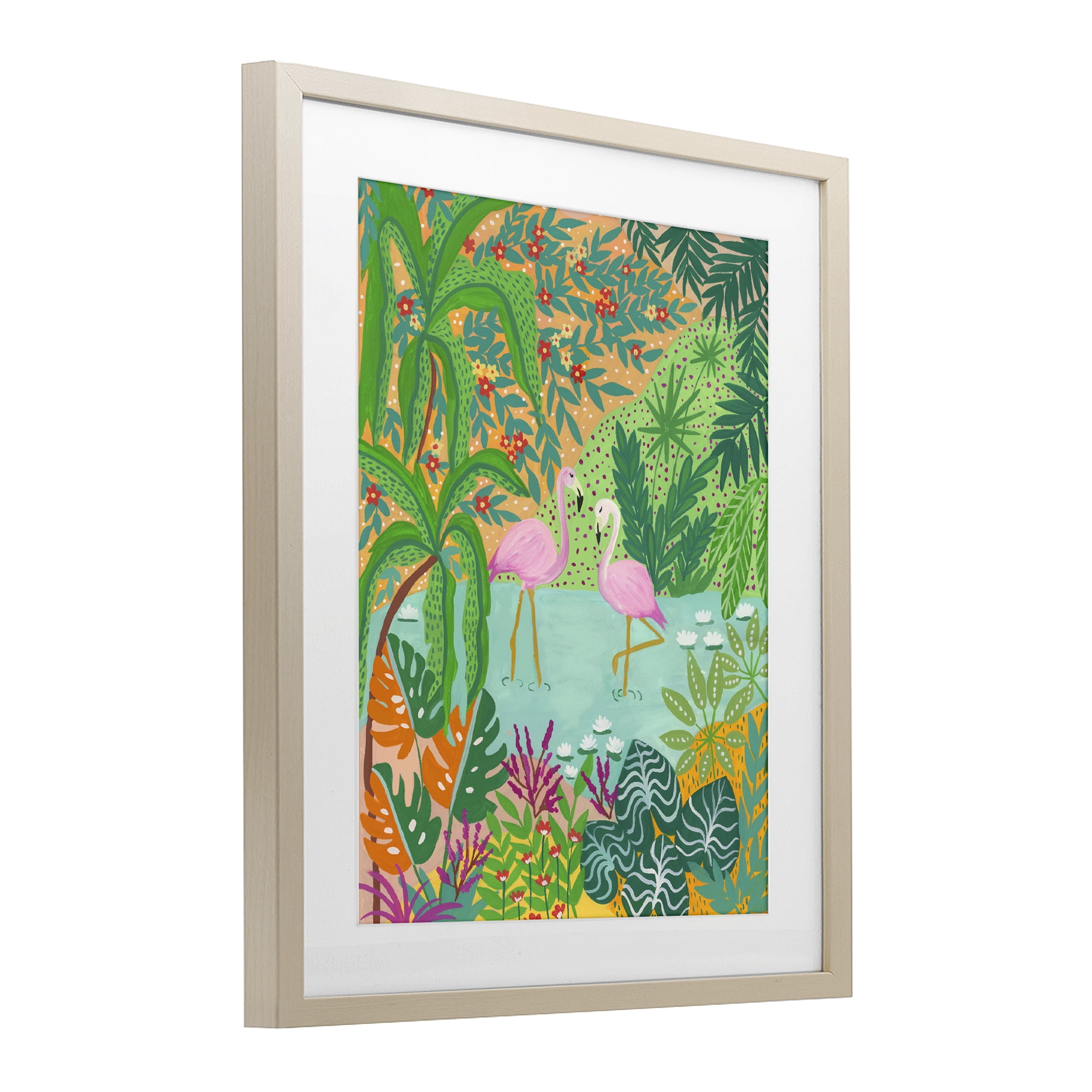 Stupell Industries Flamingos in Dotted Pond Birch Framed Print Under Glass, design by Nabeela Rumi