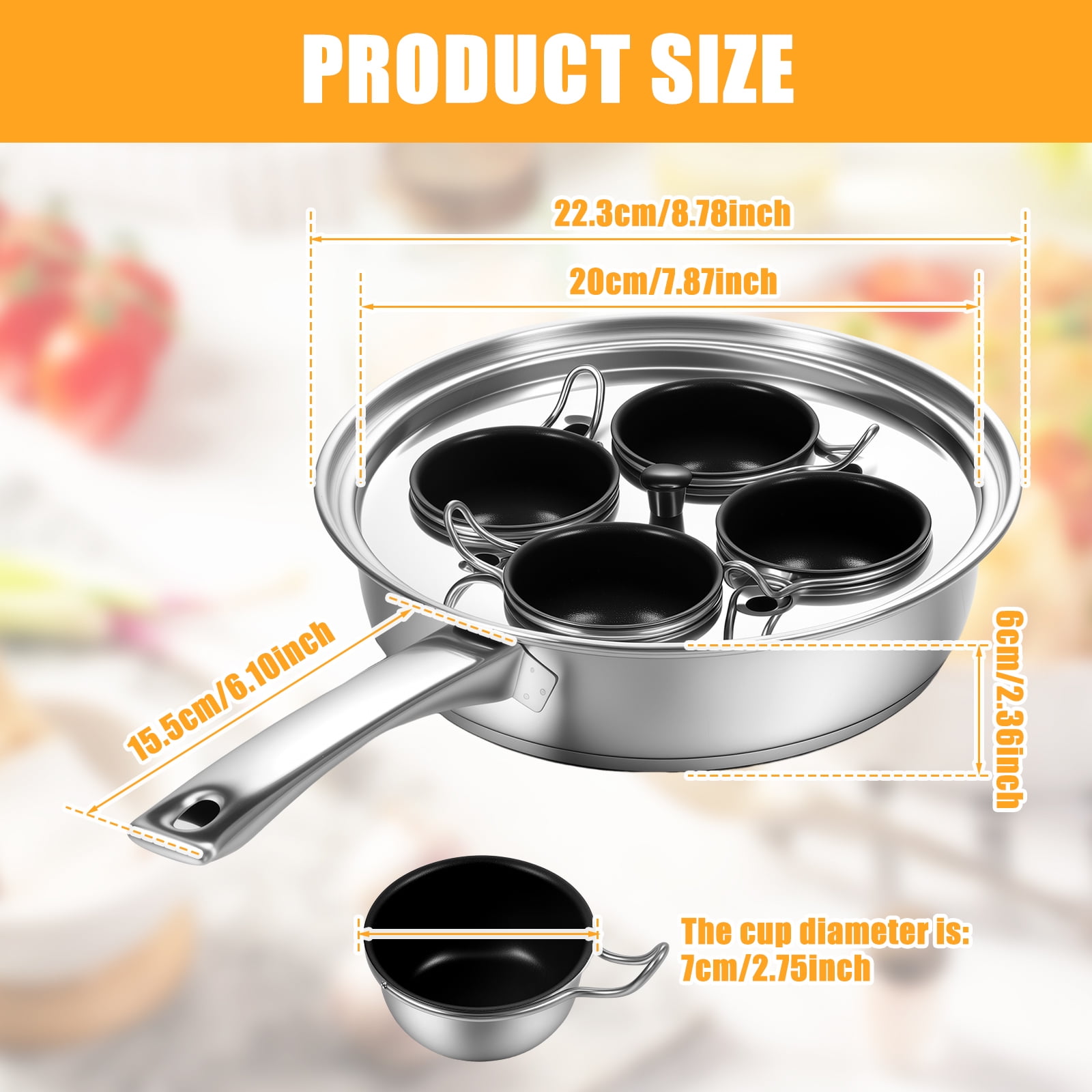 4-Cup Egg Poacher Pan, 8" Stainless Steel Poached Egg Maker with 4 Nonstick Removable Cups & Glass Lid, Induction Compatible Egg Poaching Pan for Gas & Electric Stovetops
