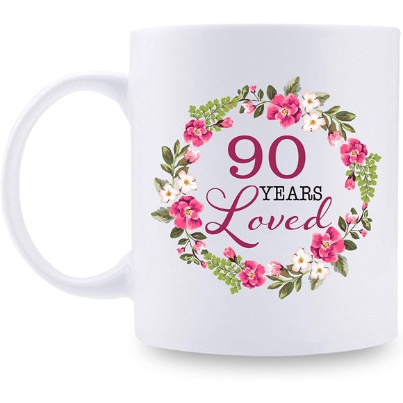 90th Birthday Gifts for Women - 90 Years Loved with A Garland Birthday Mug - 90 Year Old Present Ideas for Grandma, Mom, Daughter, Sister, Wife, Friend, Cousin, Aunt, Coworker - 11 oz Coffee Mug