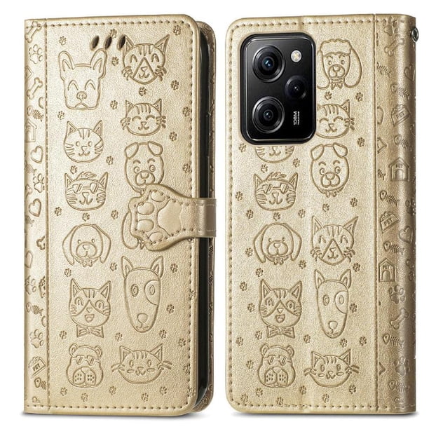 Funda Cartera FOXDOCK para XIAOMI POCO X5 Pro , Flip PU con Relieve de Gatos y Perros, Tarjetero y Soporte
