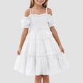 thumbnail image 2 of vigerkar Girls Cold Shoulder Shirred Dress - Off Shoulder Ruffle Sleeve Summer A-Line Princess Sundress (White, 12-18 Months), 2 of 9
