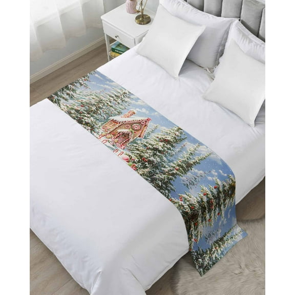 Christmas Bed Runner for Twin Size Bed, Xmas Tree Pink Farmhouse Snowflake Bedspread Protector Slipcover Bed Scarf for Foot Bed Runners & Scarves for Bedroom Hotel Wedding Room 71x20 Inches