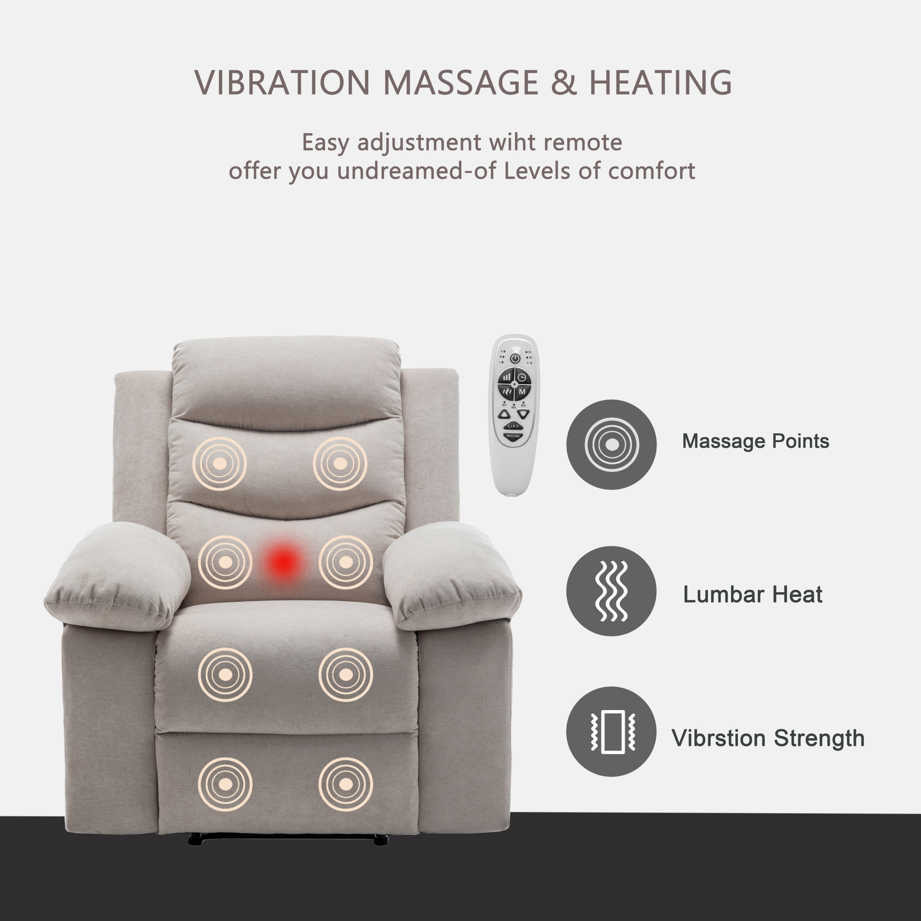 MOONMISS Velvet Adjustable Massage Function Side Pocket Power Recliner Chair with Heating System-Camel