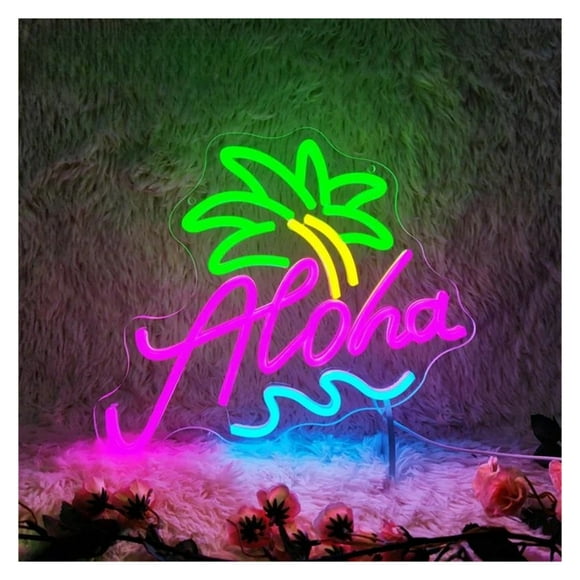 Aloha Neon Sign Hawaii Tropical Light Summer Beach Bar Party Decor Hello Summer Restaurant Open Welcome 34x28.4cm