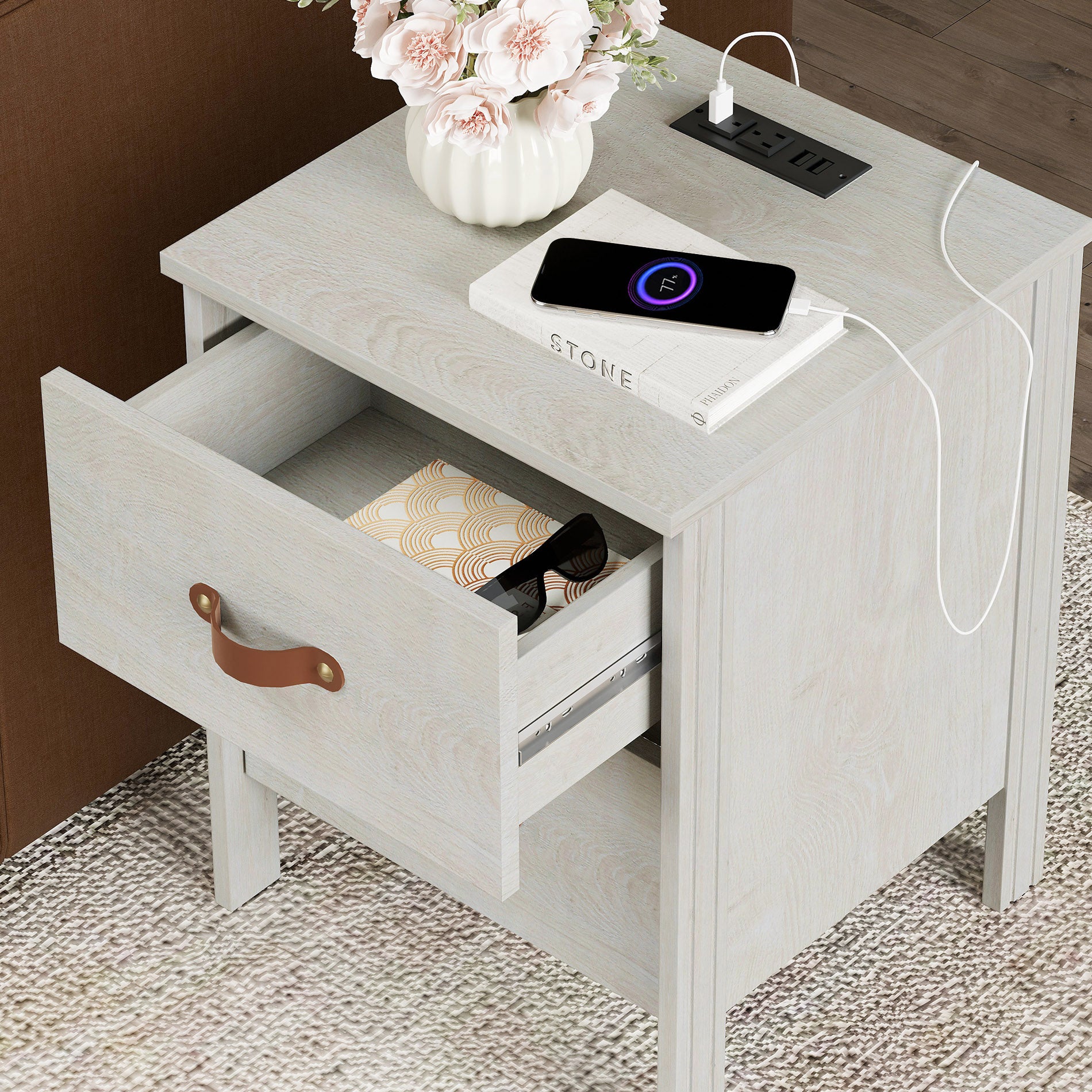 Wampat Set of 2 Nightstands for Bedroom, Compact Side Table with 2 Drawers & Charging Station for Living Room, Off White