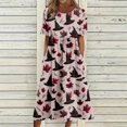 thumbnail image 3 of Women's Halloween Print Round Neck Dress with Pockets Short Sleeve Loose Midi Casual Dress for Women Fall Outfit Daily Wear Deep Red L, 3 of 6