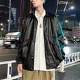 thumbnail image 3 of Hombres pu chaqueta de cuero primavera suelta casual turn Abrigos plumas collar Snap botón Outwear para fiesta, 3 of 8