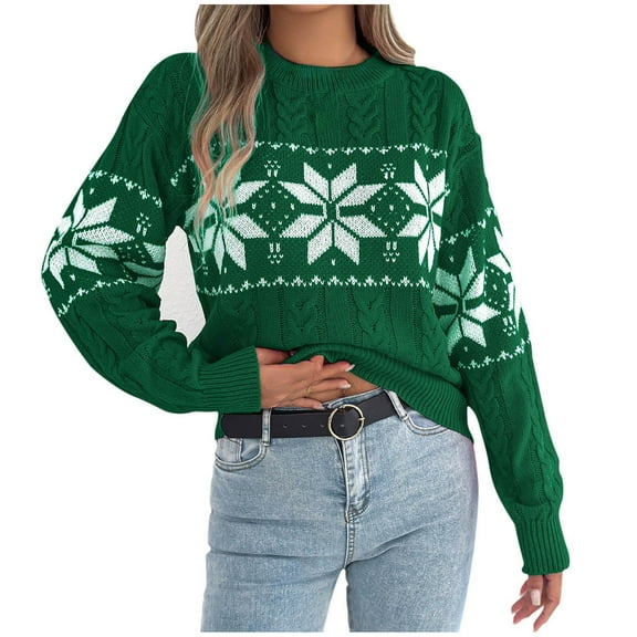 Oksale Christmas Knit Sweaters for Women Green Graphic Pullover Casual Crewneck Fall Jumper Comfort Long Sleeve Festival Jumpers Green S