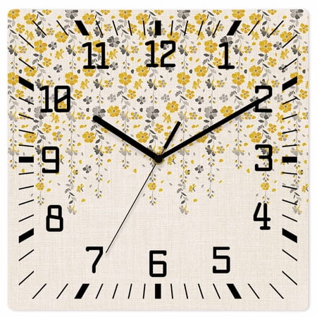 Weeping Flowers Wooden Wall Clock Silent Non Ticking, Yellow Grey Spring Floral Rustic Burlap Square Wall Clocks Battery Operated, Decor Clock for Home Office, Living Room, Kitchen, 12 Inch