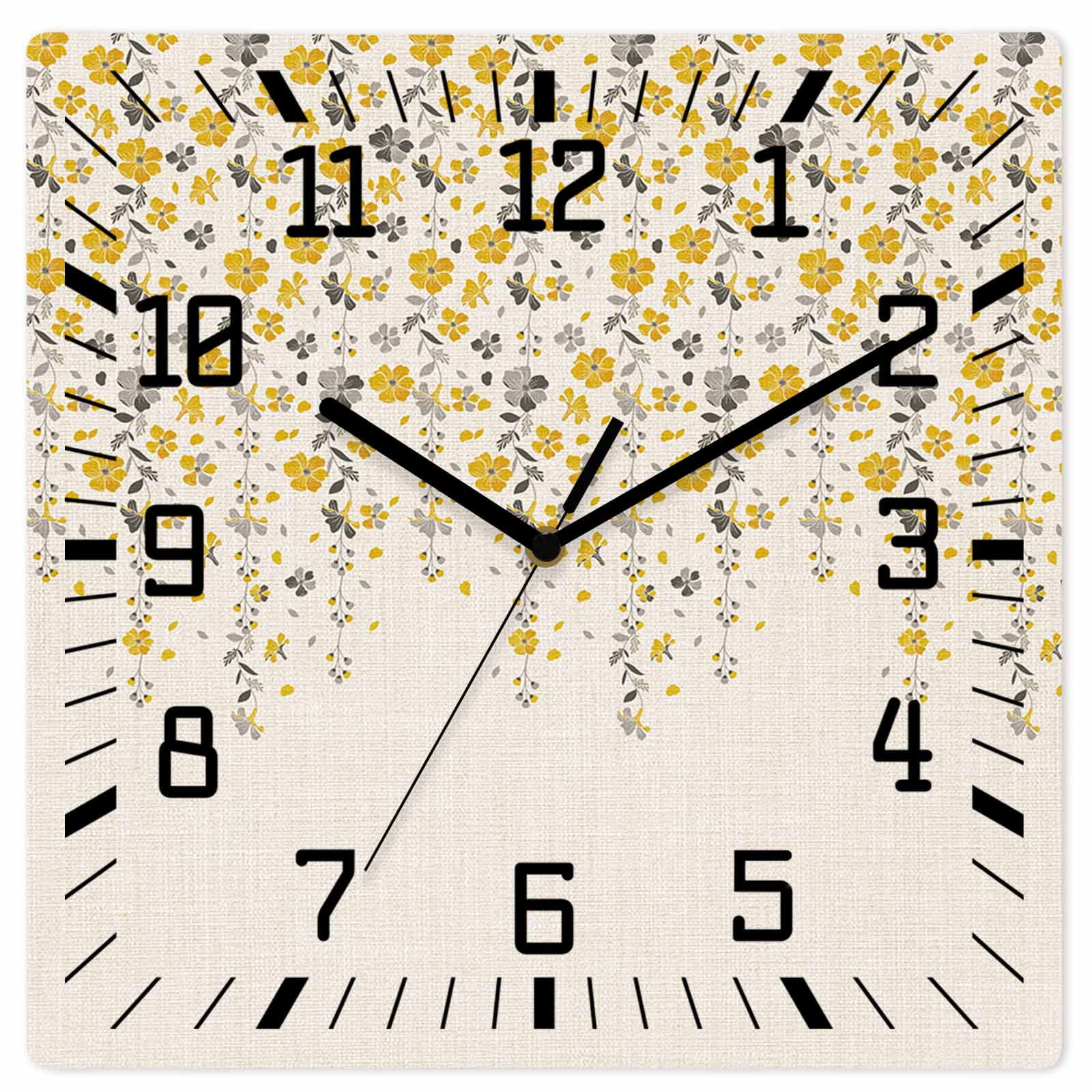Weeping Flowers Wooden Wall Clock Silent Non Ticking, Yellow Grey Spring Floral Rustic Burlap Square Wall Clocks Battery Operated, Decor Clock for Home Office, Living Room, Kitchen, 12 Inch