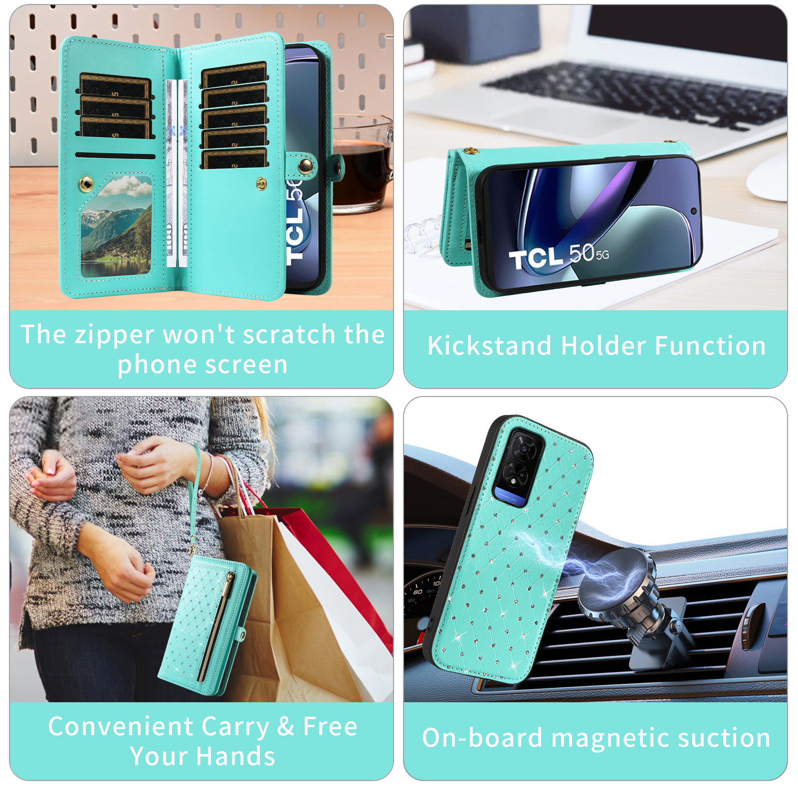 Asuwish Phone Case for TCL 50 5G/50 XE NXTPAPER/50 XE 5G Zipper Wallet Detachable Cell Cover with Tempered Glass Screen Protector Crossbody Lanyard Strap Glitter Flip Card Holder Slot Women Green