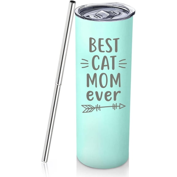 Cat Lover Gifts for Women Mothers Day Gifts for Cat Lovers Best Cat Mom Ever Gifts for Cat Lady 20Oz Travel Cup Christmas Birthday Presents for Cat Themed Lovers Green Wine Tumbler With Staw
