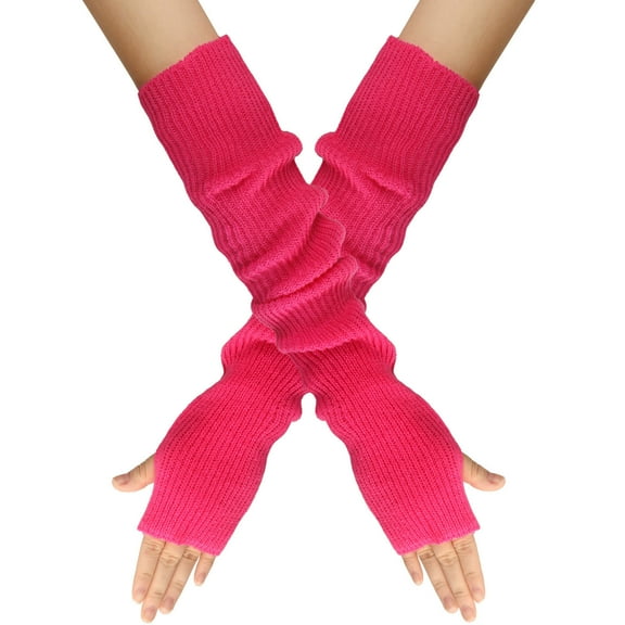 Qiaocaity Women Winter Wrist Arm Warmer Solid Knitted Long Fingerless Gloves Mitten, Christmas Gifts, Hot Pink One Size