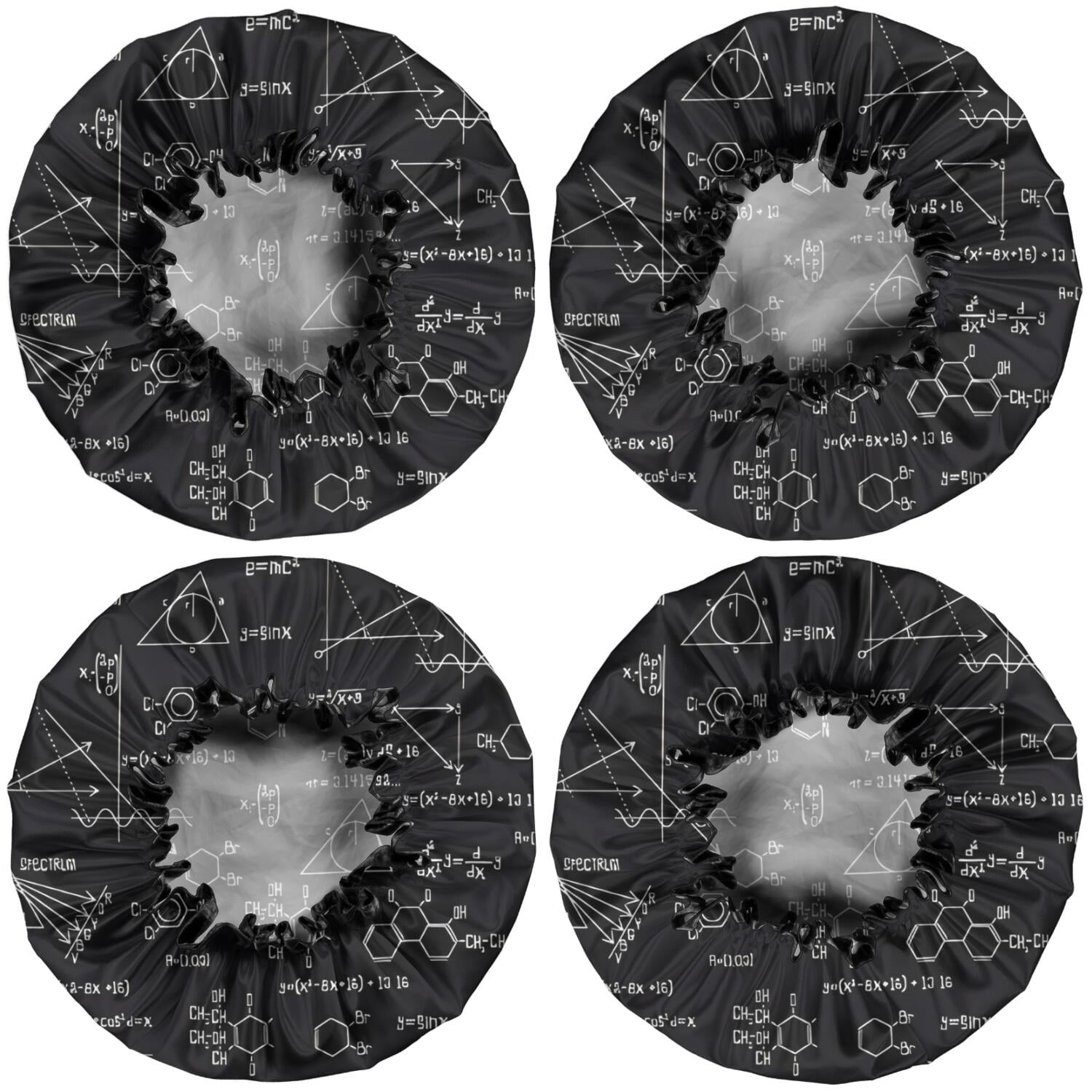 Shower Caps,Math Equations Chemistry Symbols Black Pattern Waterproof Shower Cap for Women 4 Pieces,Double Reusable Hair Cover for Shower PEVA Elastic Stretch Hem