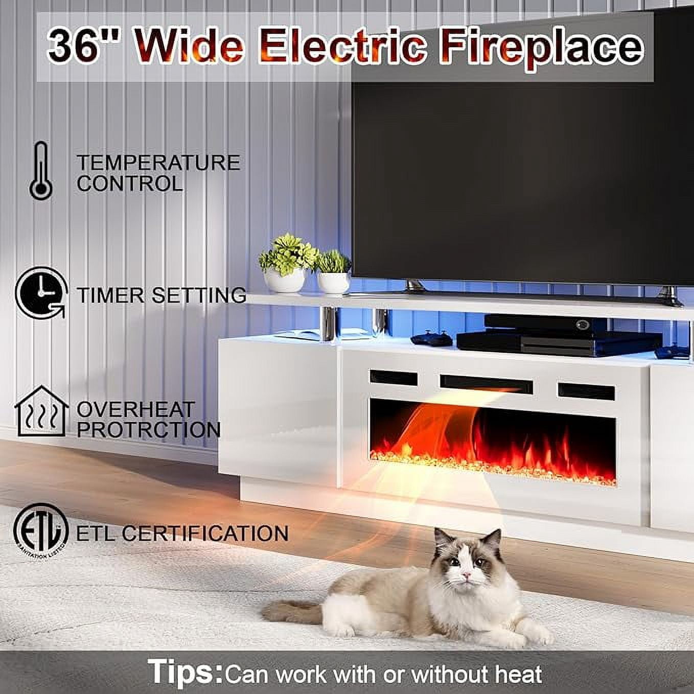 PLAUIN Entertainment Center with Fireplace and Bookcases, 70" TV Stand, 2 Bookshelves, White