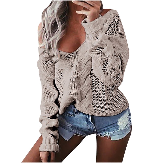TIMIFIS Women Off Shoulder Sweater Long Sleeve Knit Sweater Loose Pullover Jumper Fall Oversized Ribbed Knit Casual Loose Pullover Sweater Top OuterwearFall/Winter